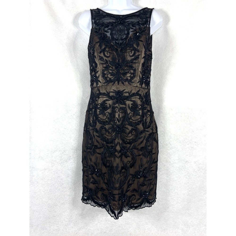 Sue Wang Dress Women's 8 Black Tan Sheath Beaded Embroidered Lace Retro Chic